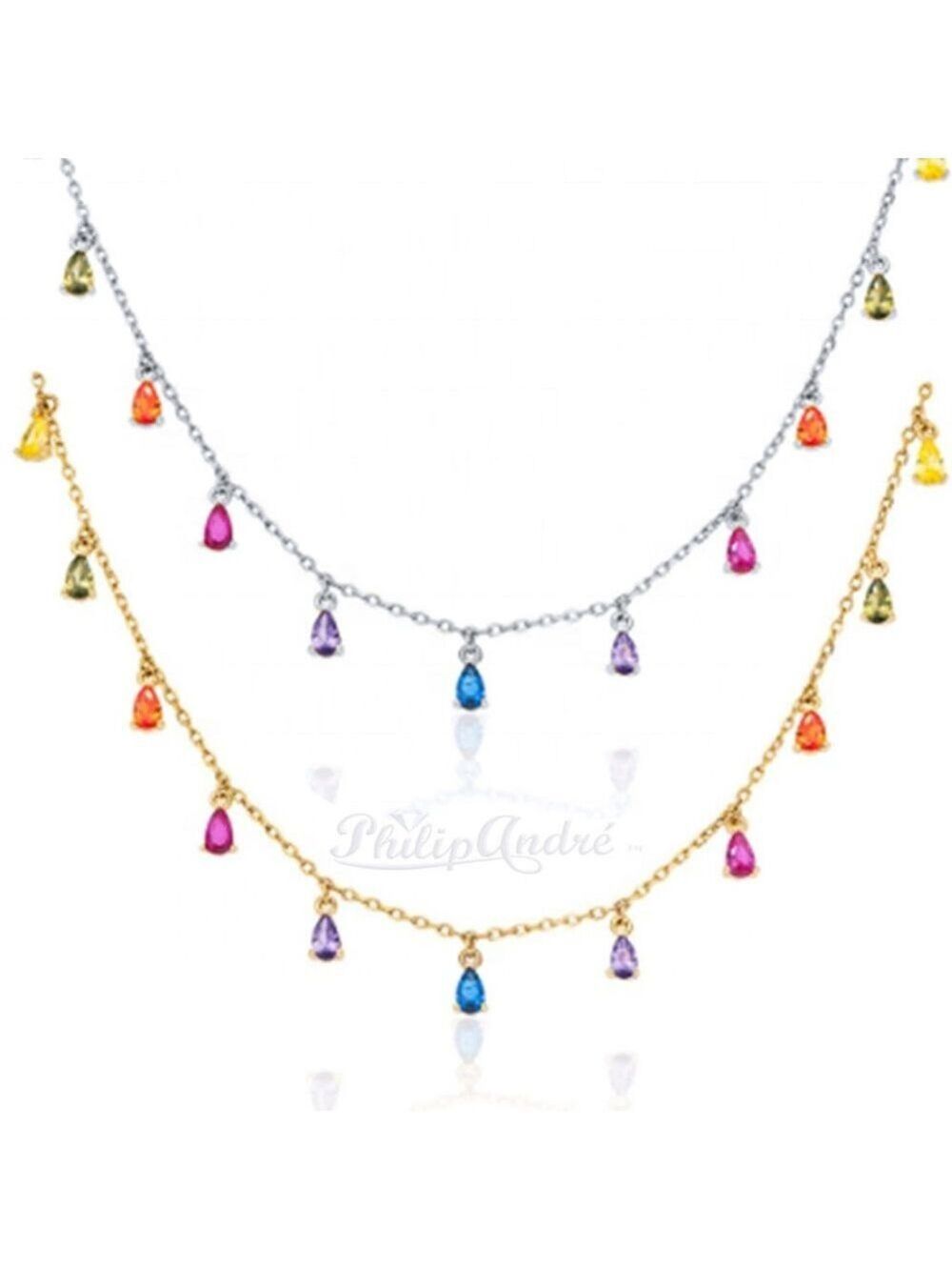 925 Sterling silver Rainbow Dangling Teardrop Necklace, 18k Gold Plated Necklace